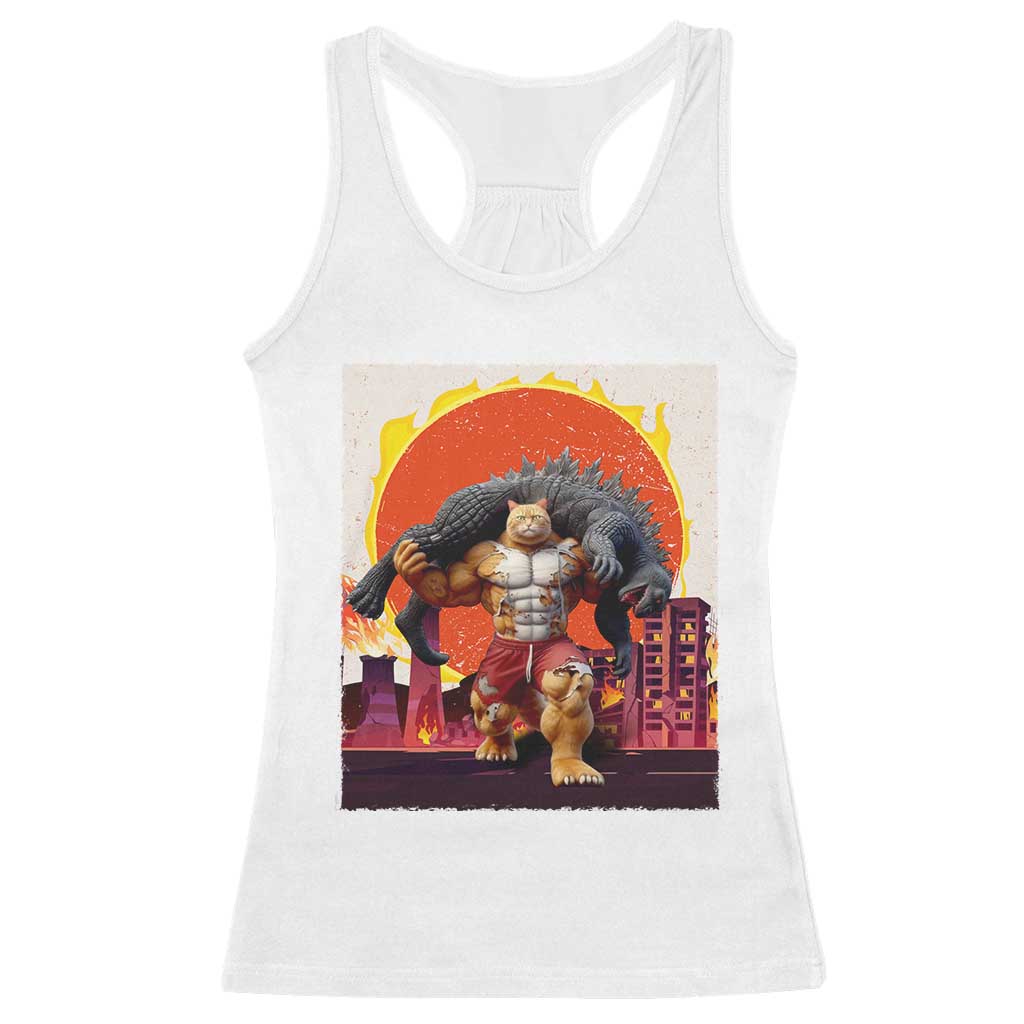 Japanese Kaiju Cat Cityscape Meme Racerback Tank Top TS14 White Print Your Wear