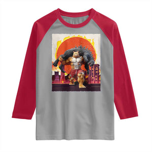 Japanese Kaiju Cat Cityscape Meme Raglan Shirt TS14 Sport Gray Red Print Your Wear