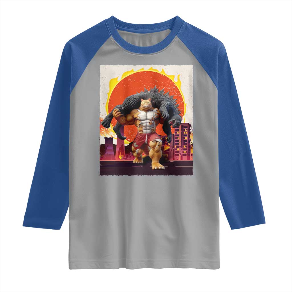 Japanese Kaiju Cat Cityscape Meme Raglan Shirt TS14 Sport Gray Royal Print Your Wear