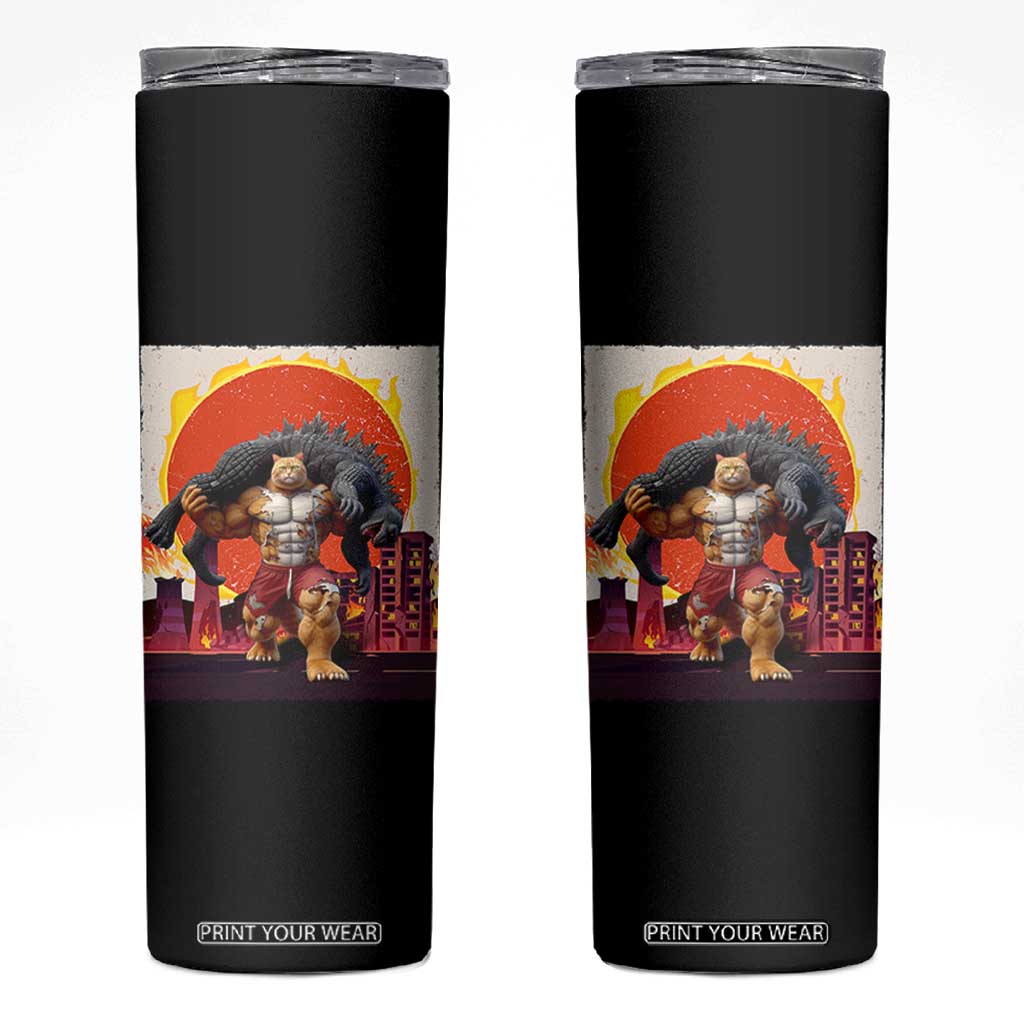 Japanese Kaiju Cat Cityscape Meme Skinny Tumbler TS14 Black Print Your Wear