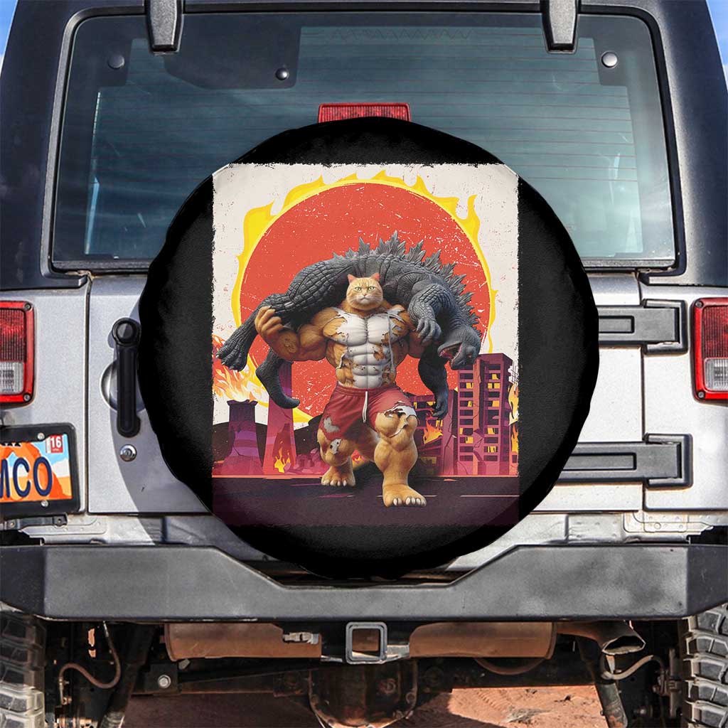 Japanese Kaiju Cat Cityscape Meme Spare Tire Cover TS14 No hole Black Print Your Wear