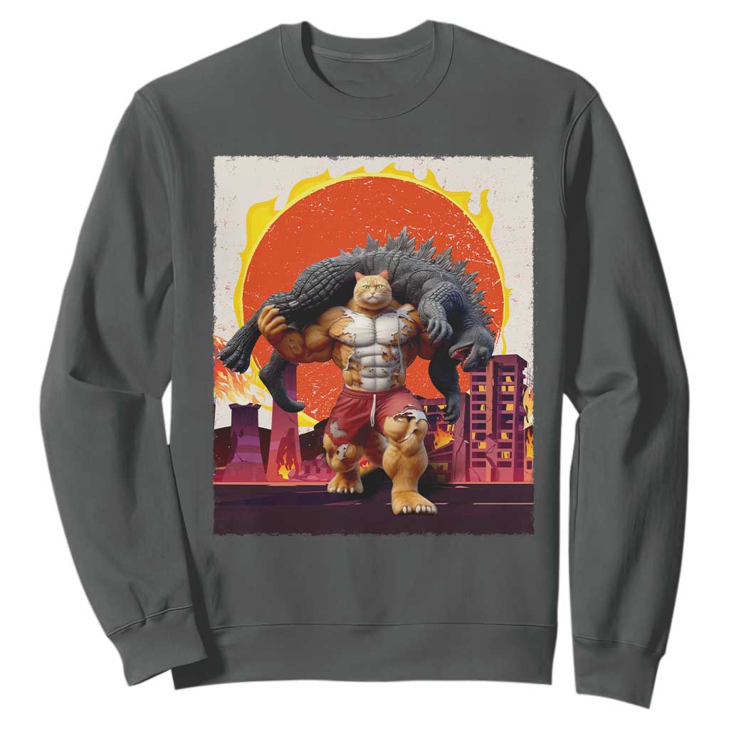 Japanese Kaiju Cat Cityscape Meme Sweatshirt TS14 Dark Heather Print Your Wear