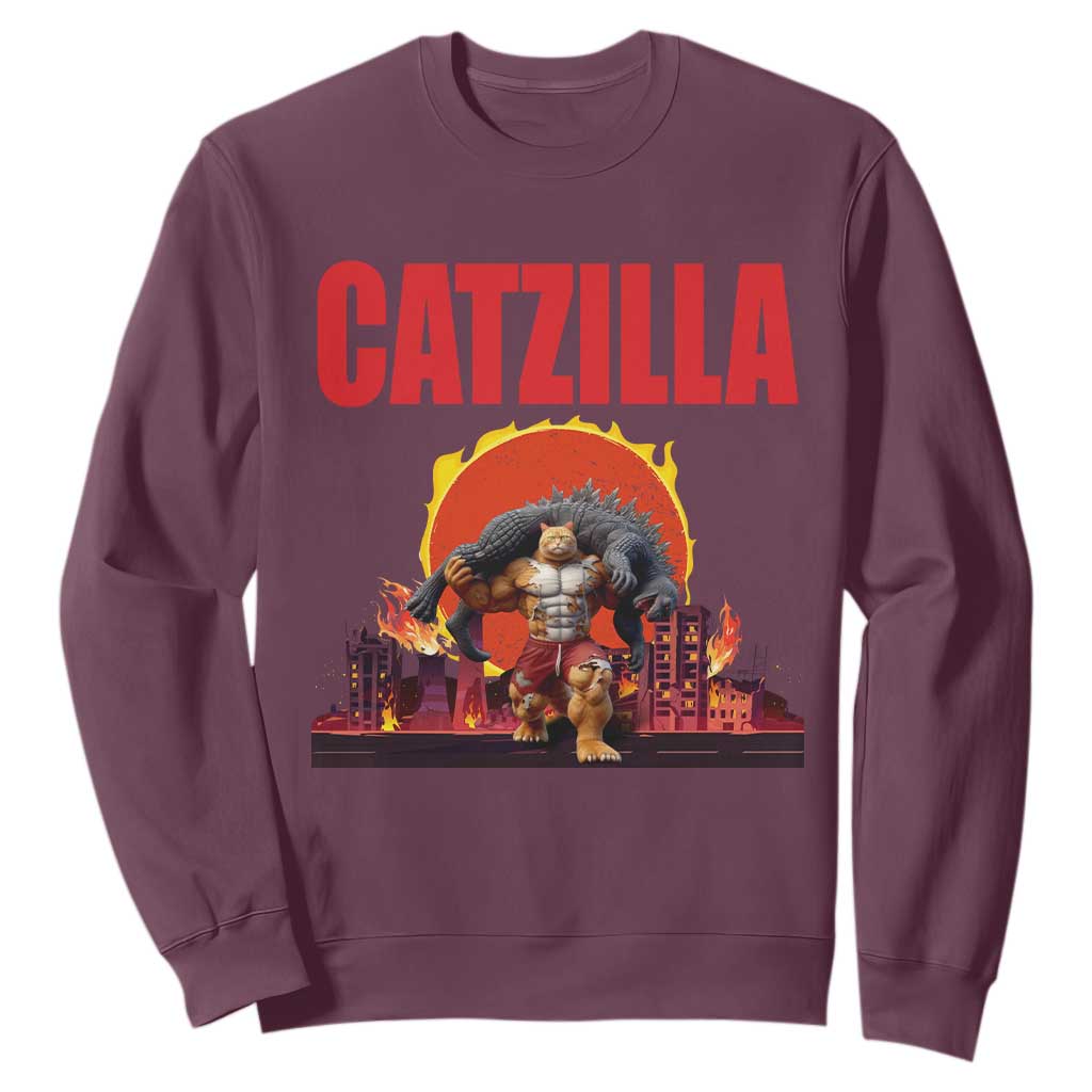 Catzilla Funny Cat Japanese Cityscape Sweatshirt TS14 Maroon Print Your Wear
