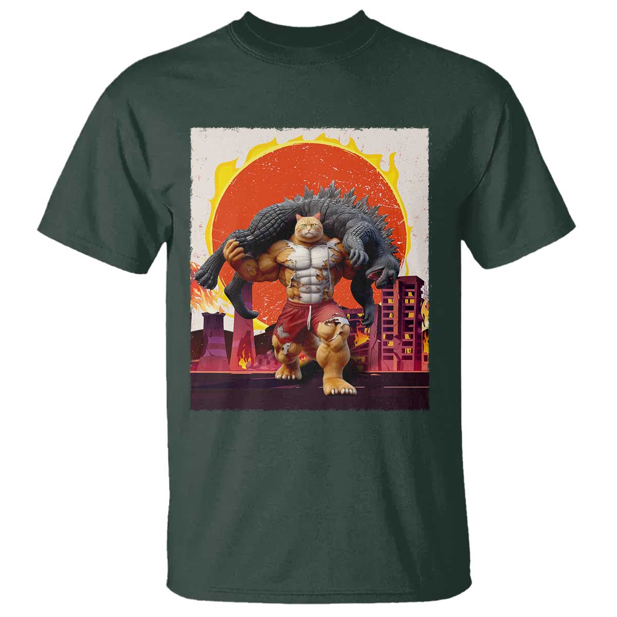 Japanese Kaiju Cat Cityscape Meme T Shirt TS14 Dark Forest Green Print Your Wear