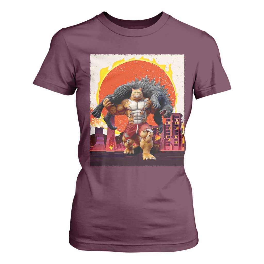 Japanese Kaiju Cat Cityscape Meme T Shirt For Women TS14 Maroon Print Your Wear