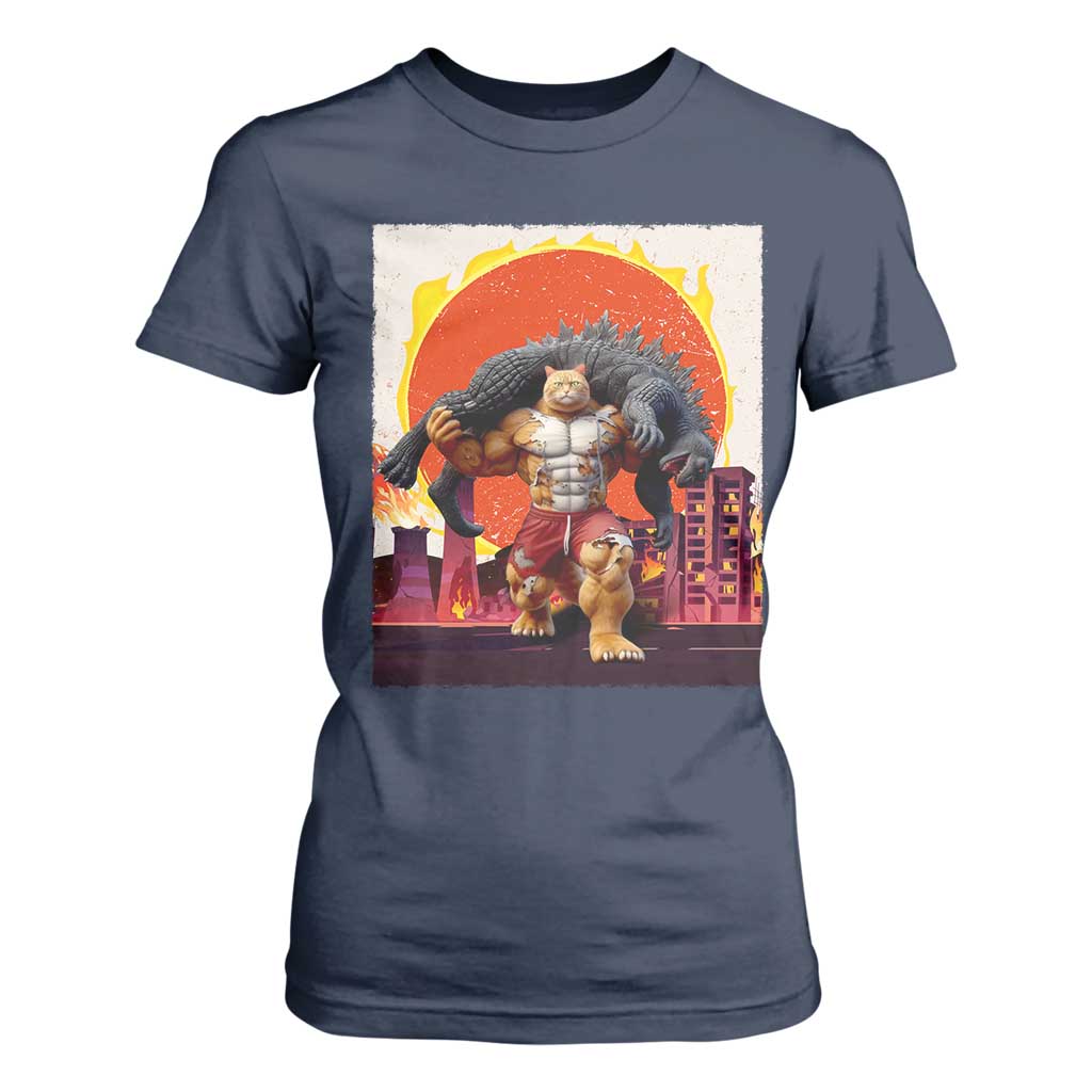 Japanese Kaiju Cat Cityscape Meme T Shirt For Women TS14 Navy Print Your Wear