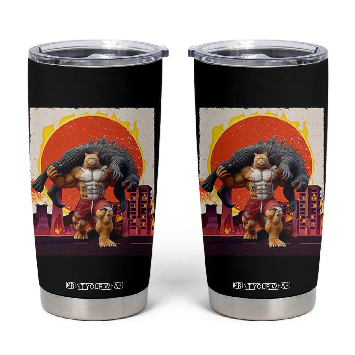 Japanese Kaiju Cat Cityscape Meme Tumbler Cup TS14 Black Print Your Wear
