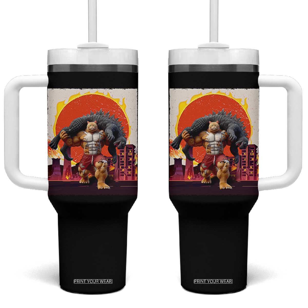Japanese Kaiju Cat Cityscape Meme Tumbler With Handle TS14 One Size: 40 oz Black Print Your Wear