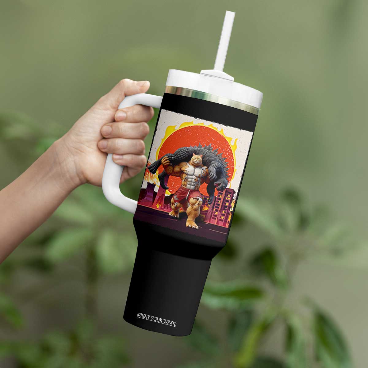 Japanese Kaiju Cat Cityscape Meme Tumbler With Handle TS14 Print Your Wear