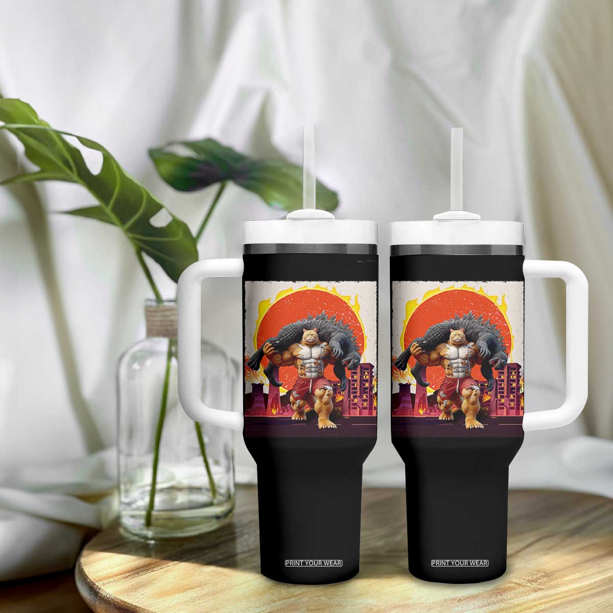 Japanese Kaiju Cat Cityscape Meme Tumbler With Handle TS14 Print Your Wear