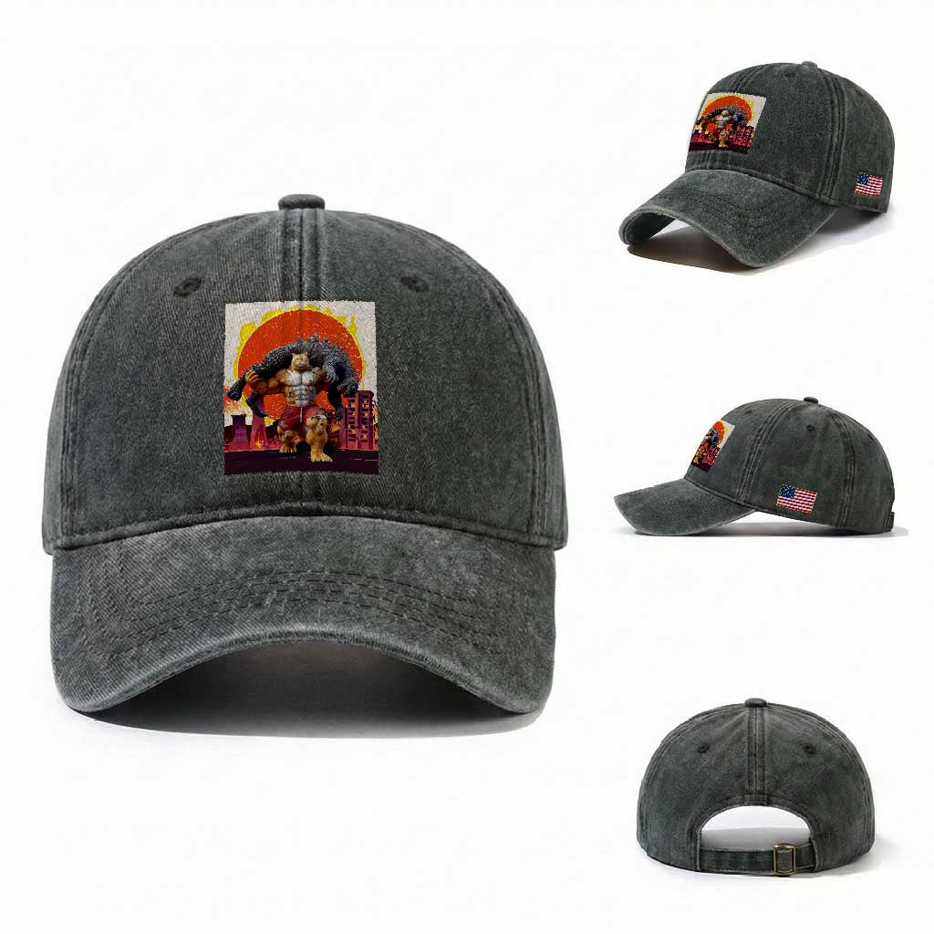 Japanese Kaiju Cat Cityscape Meme Washed Cotton Baseball Cap TS14 Washed Cap Universal Fit Dark Green Print Your Wear