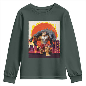 Japanese Kaiju Cat Cityscape Meme Youth Sweatshirt TS14 Dark Forest Green Print Your Wear