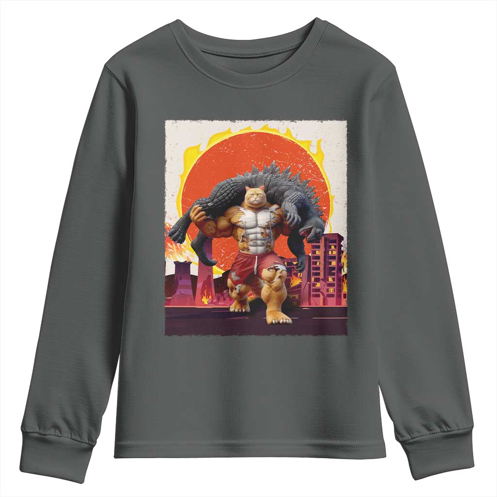 Japanese Kaiju Cat Cityscape Meme Youth Sweatshirt TS14 Dark Heather Print Your Wear