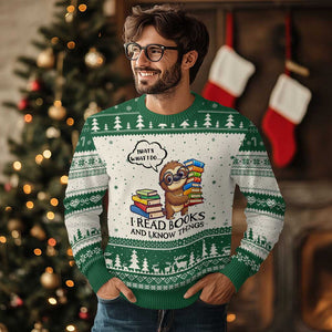 That Is What I Do I Read Books Ugly Christmas Sweater Funny Sloth Book Lover TS14 Beige Green Print Your Wear