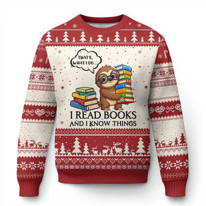 That Is What I Do I Read Books Ugly Christmas Sweater Funny Sloth Book Lover TS14 Beige Red Print Your Wear