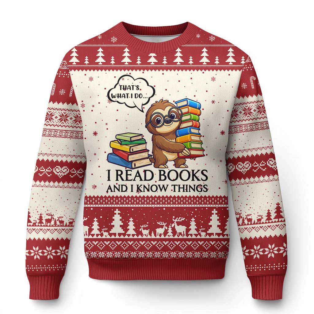 That Is What I Do I Read Books Ugly Christmas Sweater Funny Sloth Book Lover TS14 Beige Red Print Your Wear