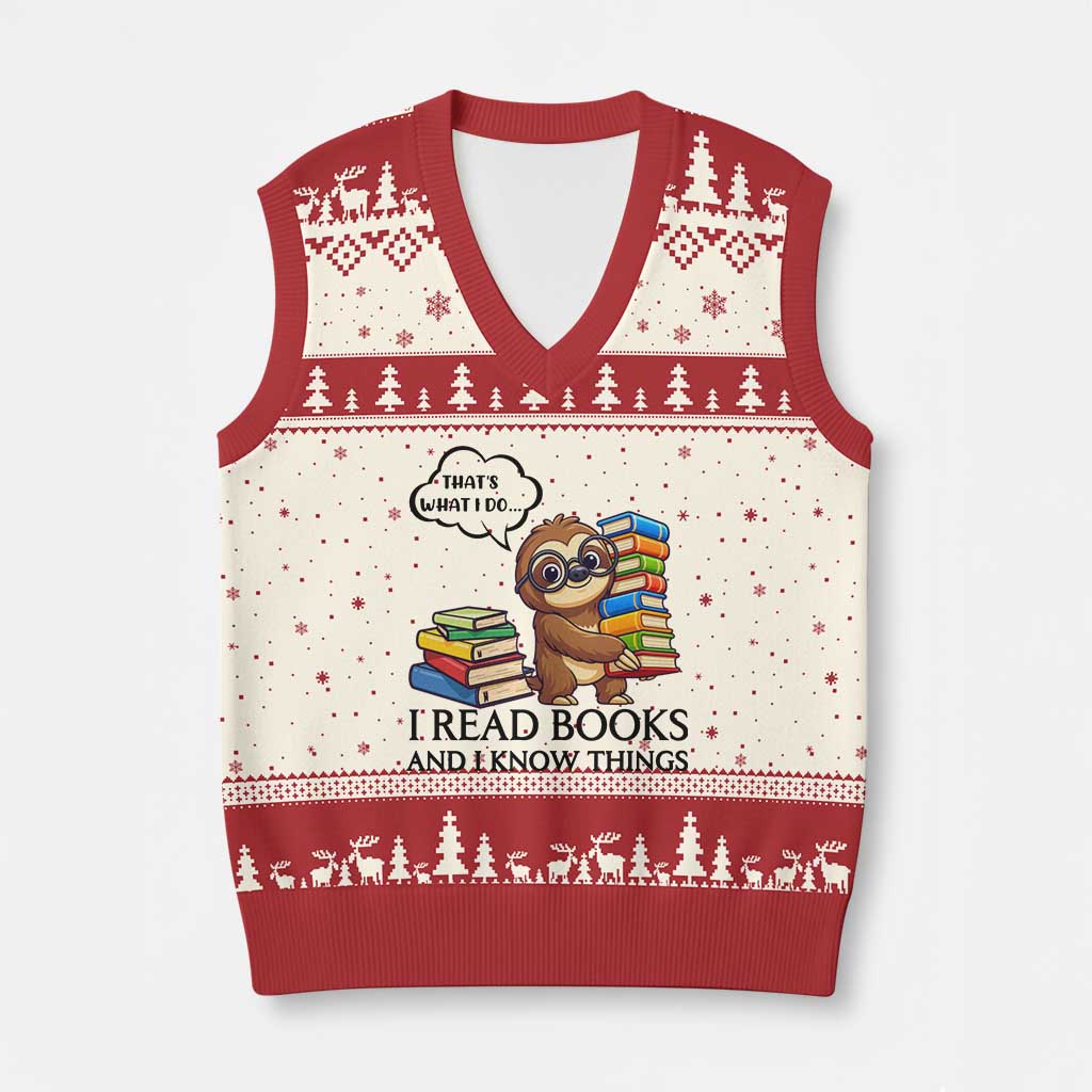 That Is What I Do I Read Books V-Neck Knit Sweater Vest Funny Sloth Book Lover TS14 Beige Red Print Your Wear