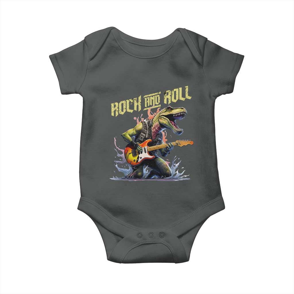 Rock And Roll Baby Onesie Funny Dionasaur Playing Guitar TS14 Dark Heather Print Your Wear