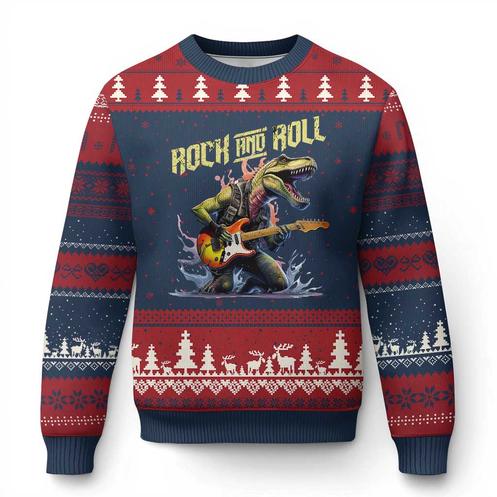 Rock And Roll Ugly Christmas Sweater Funny Dionasaur Playing Guitar TS14 Navy Red Print Your Wear