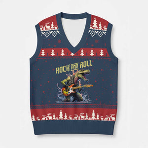 Rock And Roll V-Neck Knit Sweater Vest Funny Dionasaur Playing Guitar TS14 Navy Red Print Your Wear