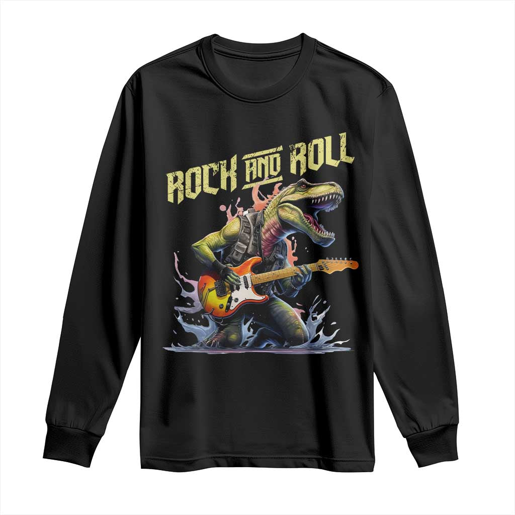 Rock And Roll Long Sleeve Shirt Funny Dionasaur Playing Guitar TS14 Black Print Your Wear
