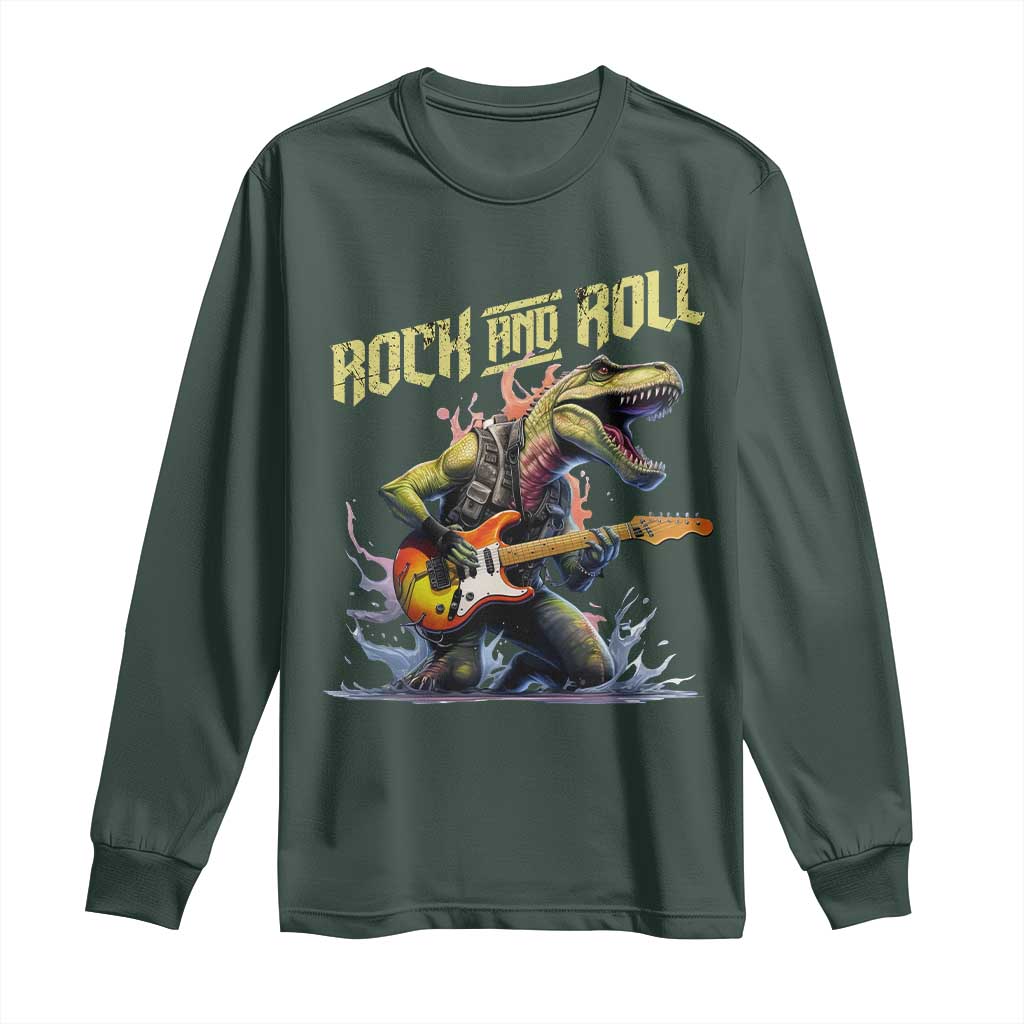 Rock And Roll Long Sleeve Shirt Funny Dionasaur Playing Guitar TS14 Dark Forest Green Print Your Wear