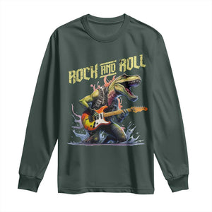 Rock And Roll Long Sleeve Shirt Funny Dionasaur Playing Guitar TS14 Dark Forest Green Print Your Wear