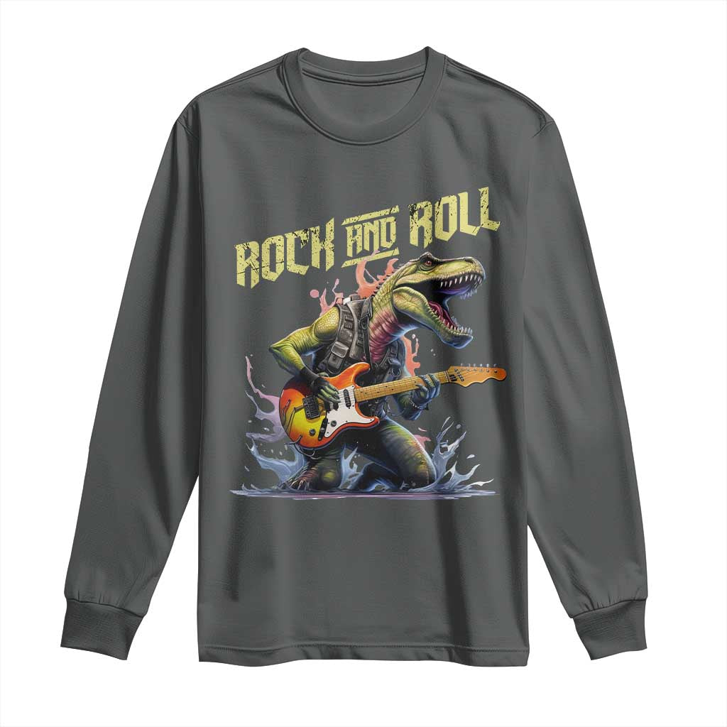 Rock And Roll Long Sleeve Shirt Funny Dionasaur Playing Guitar TS14 Dark Heather Print Your Wear