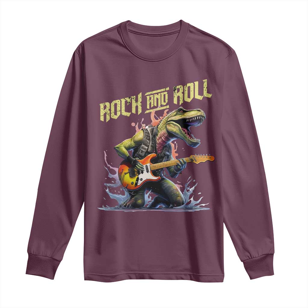 Rock And Roll Long Sleeve Shirt Funny Dionasaur Playing Guitar TS14 Maroon Print Your Wear