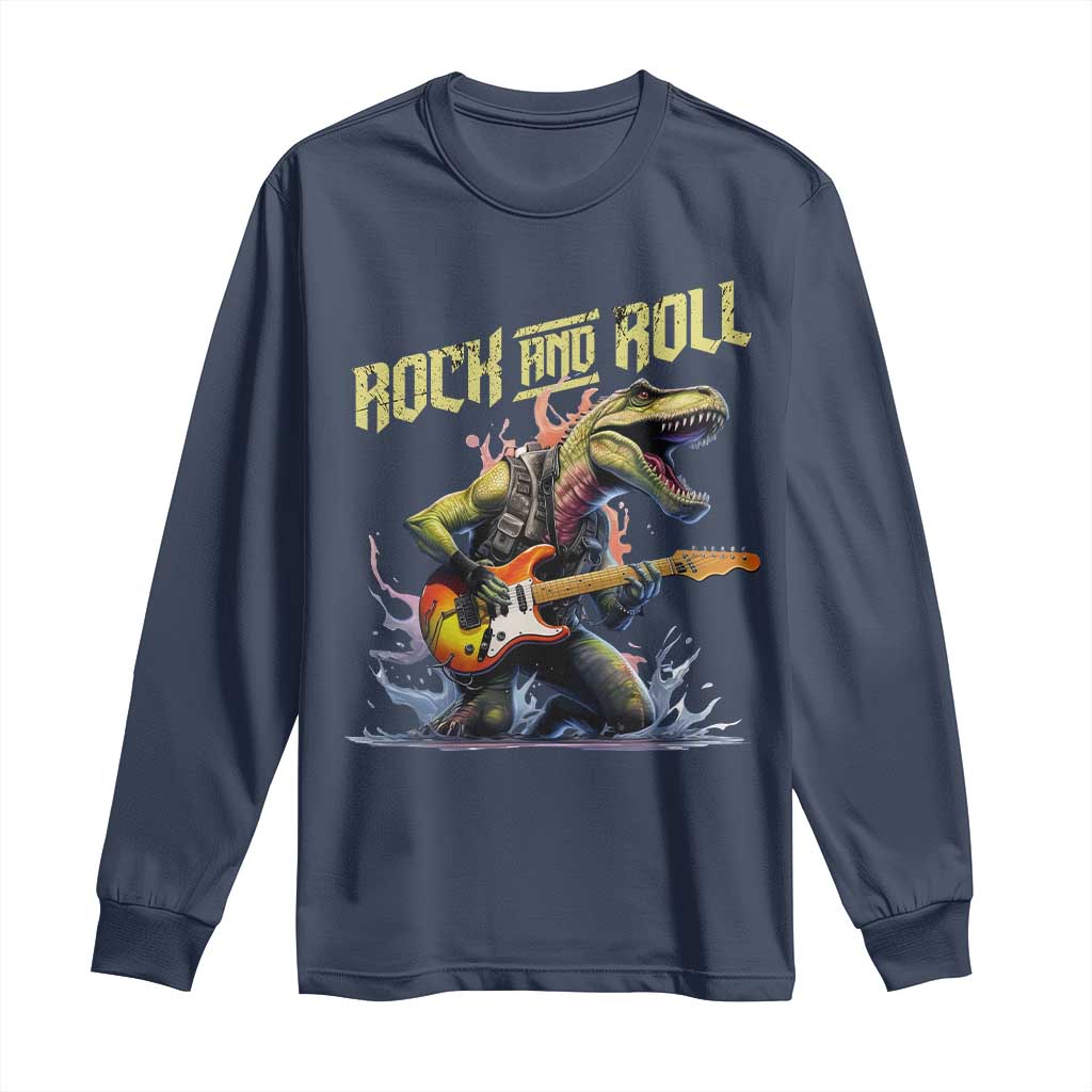 Rock And Roll Long Sleeve Shirt Funny Dionasaur Playing Guitar TS14 Navy Print Your Wear
