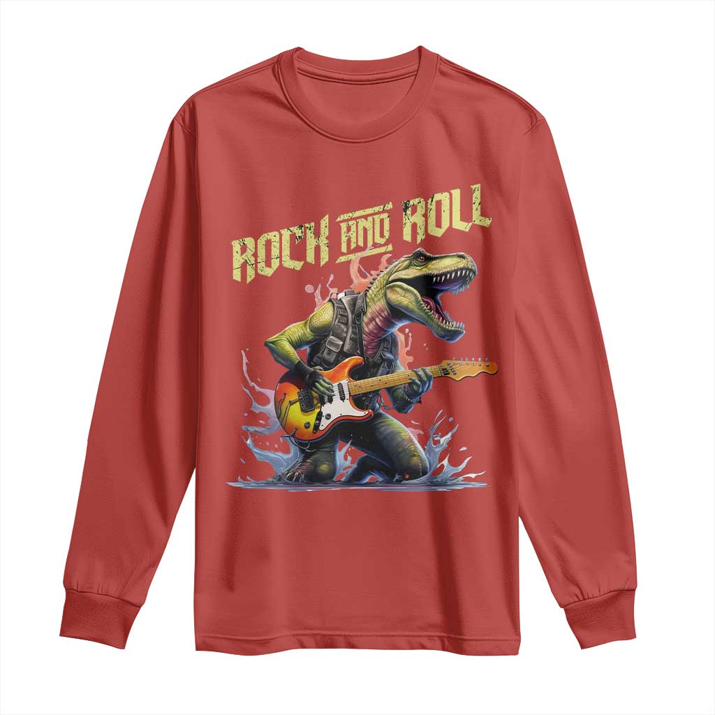 Rock And Roll Long Sleeve Shirt Funny Dionasaur Playing Guitar TS14 Red Print Your Wear