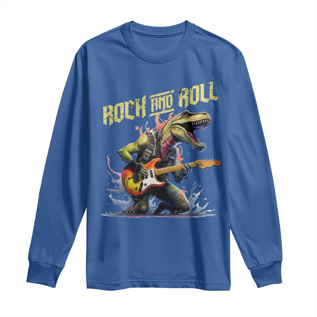 Rock And Roll Long Sleeve Shirt Funny Dionasaur Playing Guitar TS14 Royal Blue Print Your Wear