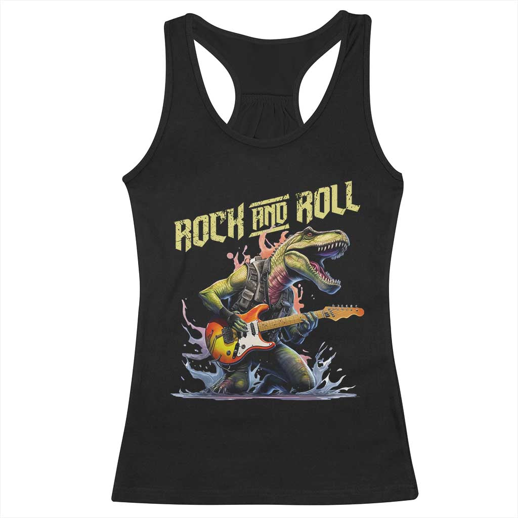 Rock And Roll Racerback Tank Top Funny Dionasaur Playing Guitar TS14 Black Print Your Wear