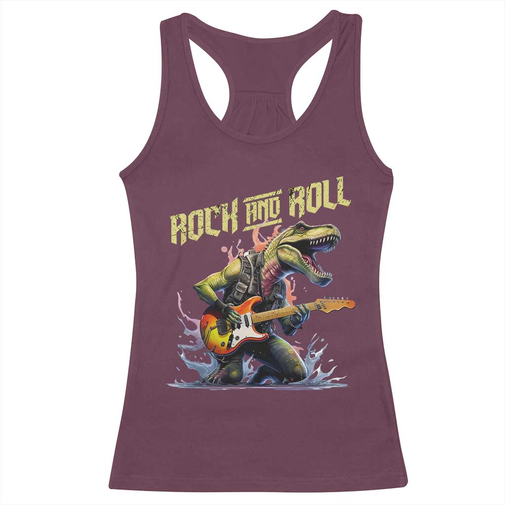 Rock And Roll Racerback Tank Top Funny Dionasaur Playing Guitar TS14 Maroon Print Your Wear