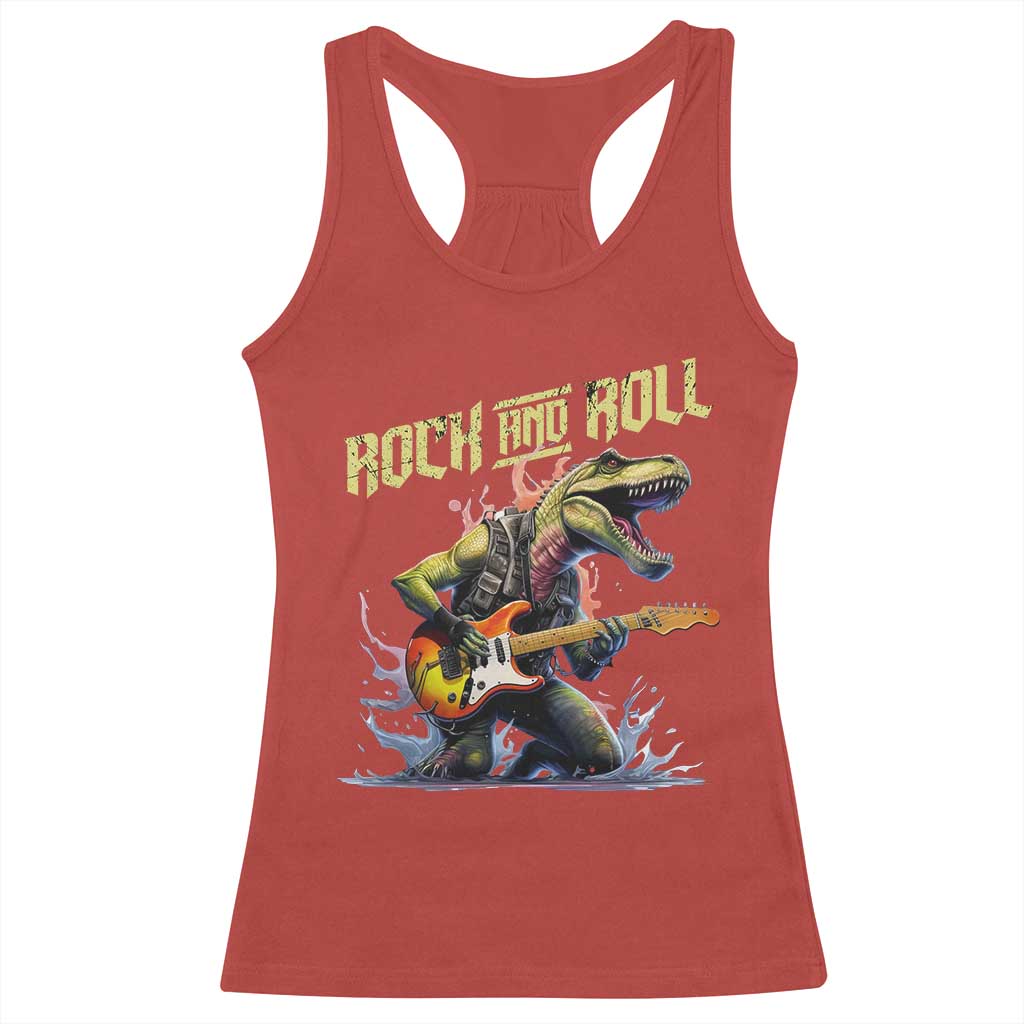 Rock And Roll Racerback Tank Top Funny Dionasaur Playing Guitar TS14 Red Print Your Wear