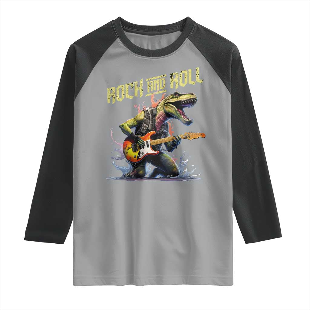 Rock And Roll Raglan Shirt Funny Dionasaur Playing Guitar TS14 Sport Gray Black Print Your Wear