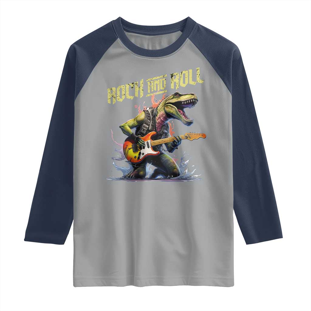 Rock And Roll Raglan Shirt Funny Dionasaur Playing Guitar TS14 Sport Gray Navy Print Your Wear
