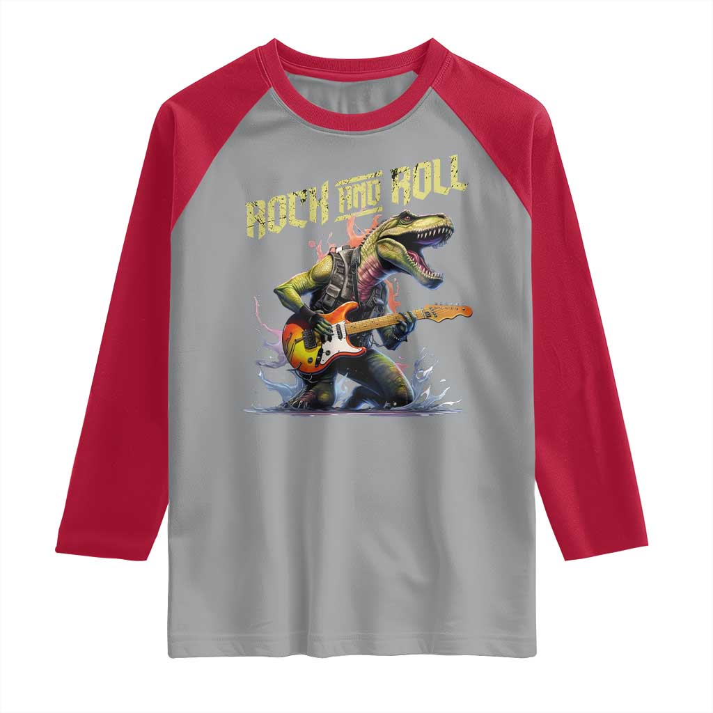 Rock And Roll Raglan Shirt Funny Dionasaur Playing Guitar TS14 Sport Gray Red Print Your Wear
