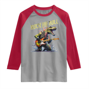 Rock And Roll Raglan Shirt Funny Dionasaur Playing Guitar TS14 Sport Gray Red Print Your Wear