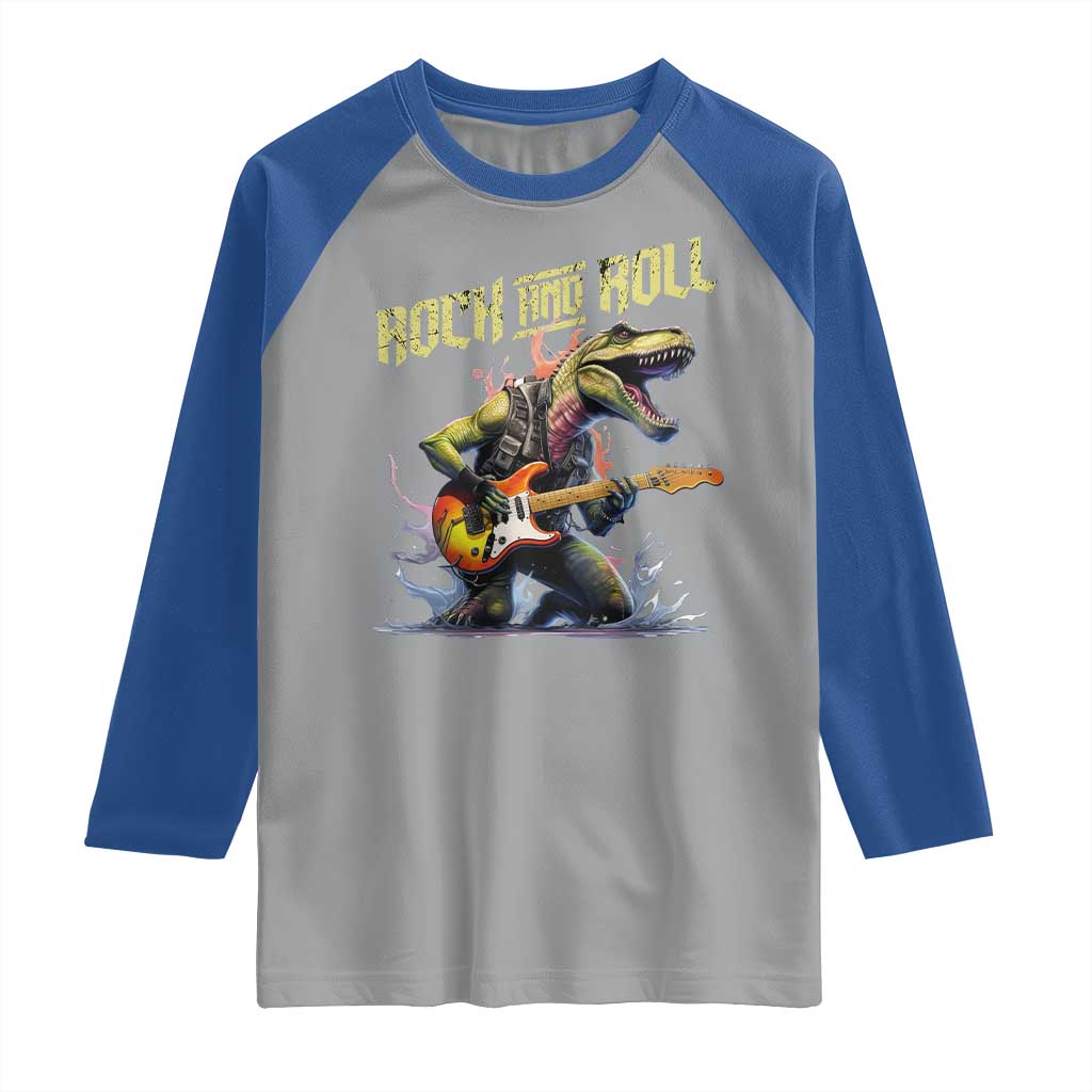 Rock And Roll Raglan Shirt Funny Dionasaur Playing Guitar TS14 Sport Gray Royal Print Your Wear