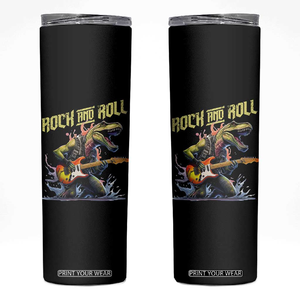 Rock And Roll Skinny Tumbler Funny Dionasaur Playing Guitar TS14 Black Print Your Wear