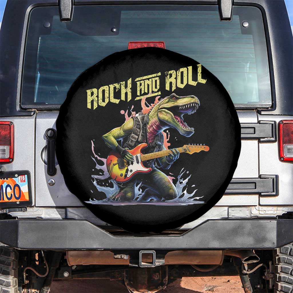 Rock And Roll Spare Tire Cover Funny Dionasaur Playing Guitar TS14 No hole Black Print Your Wear