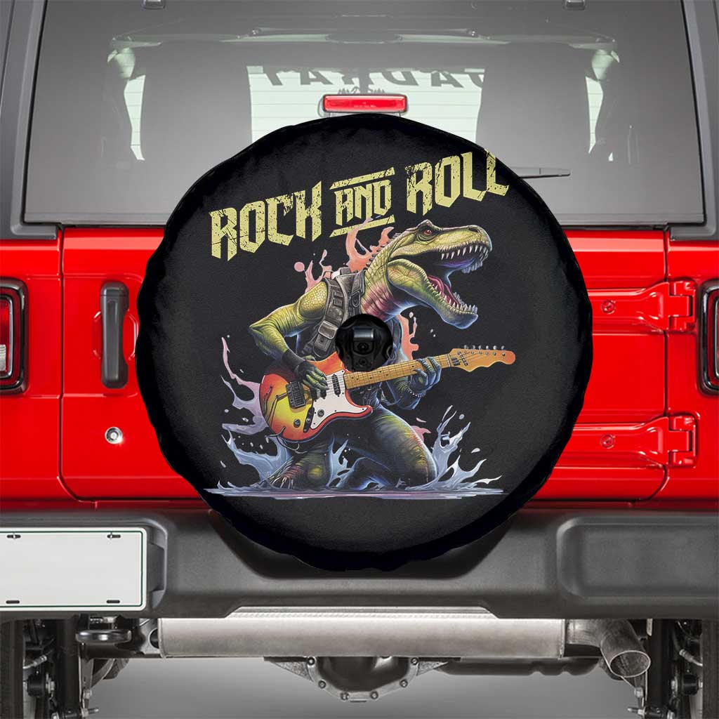 Rock And Roll Spare Tire Cover Funny Dionasaur Playing Guitar TS14 Black Print Your Wear