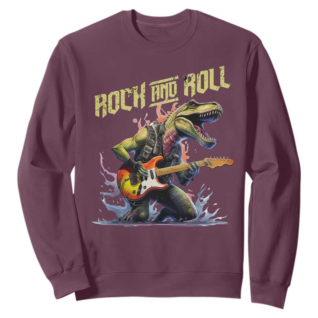 Rock And Roll Sweatshirt Funny Dionasaur Playing Guitar TS14 Maroon Print Your Wear