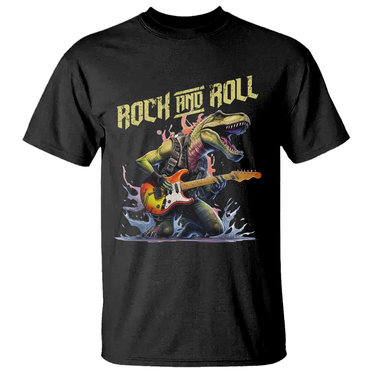Rock And Roll T Shirt Funny Dionasaur Playing Guitar TS14 Black Print Your Wear