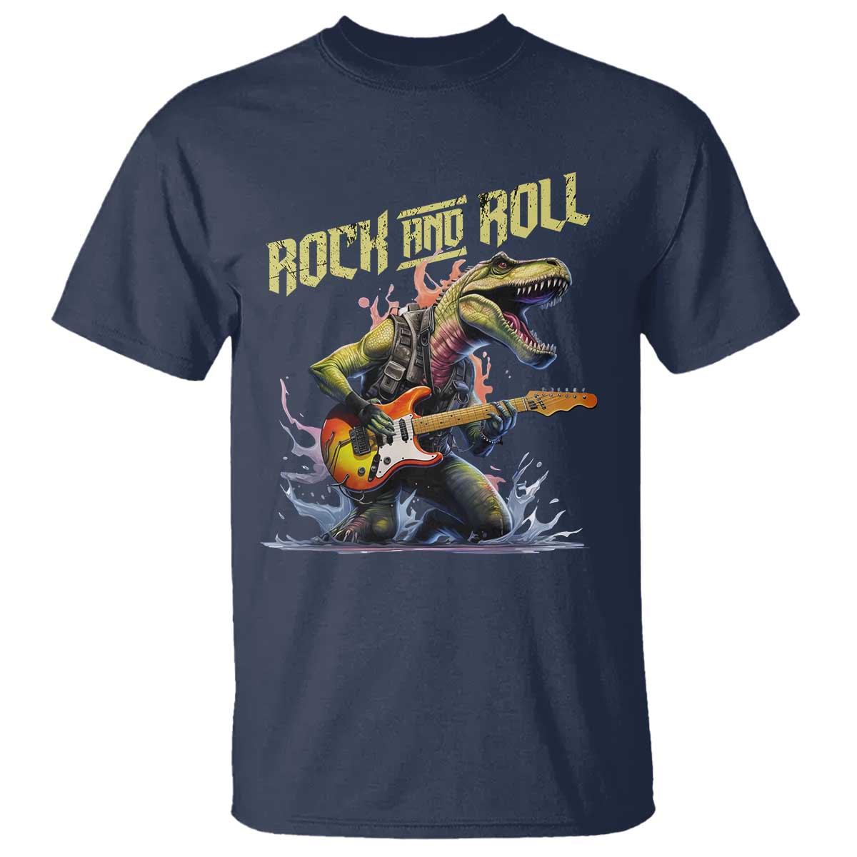 Rock And Roll T Shirt Funny Dionasaur Playing Guitar TS14 Navy Print Your Wear