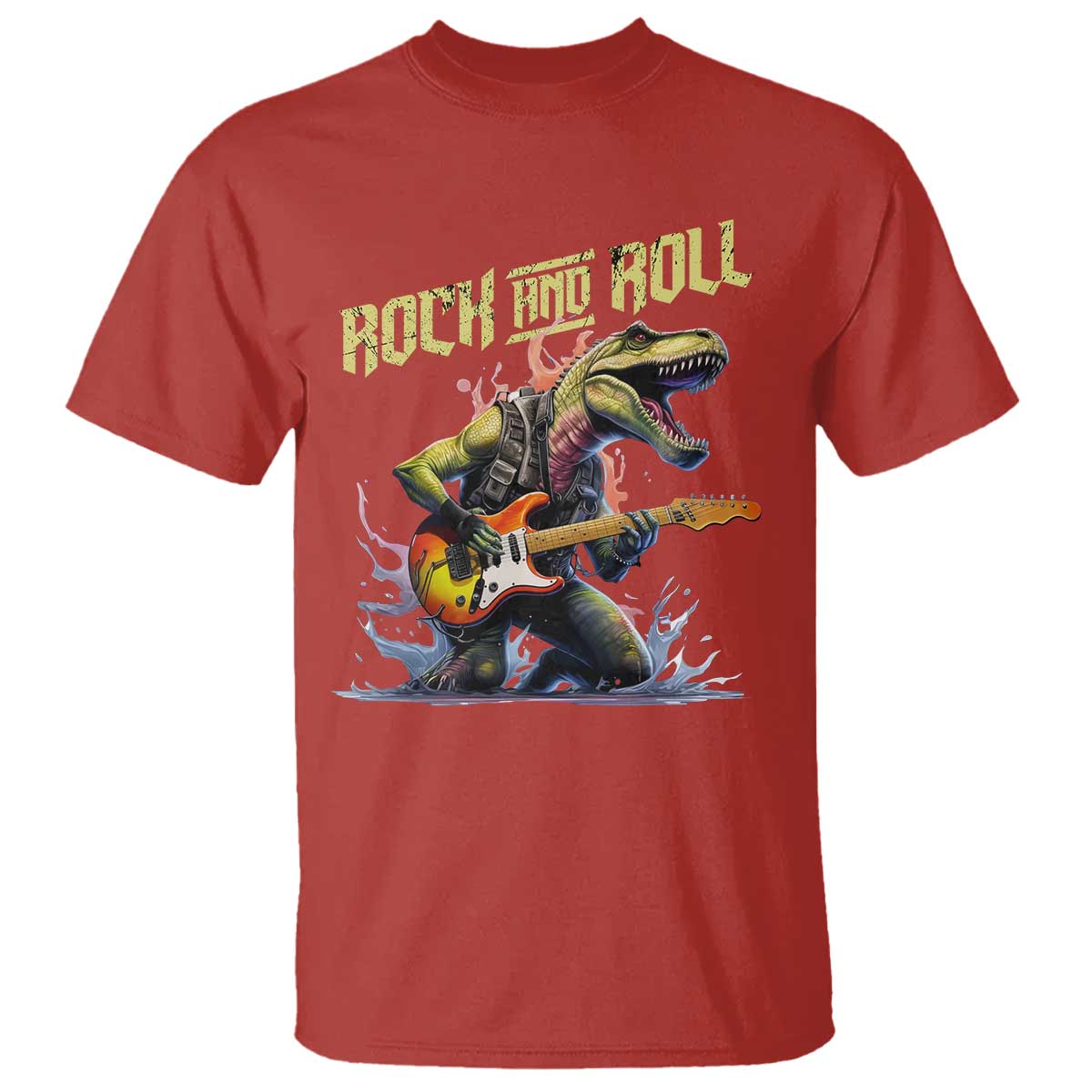 Rock And Roll T Shirt Funny Dionasaur Playing Guitar TS14 Red Print Your Wear