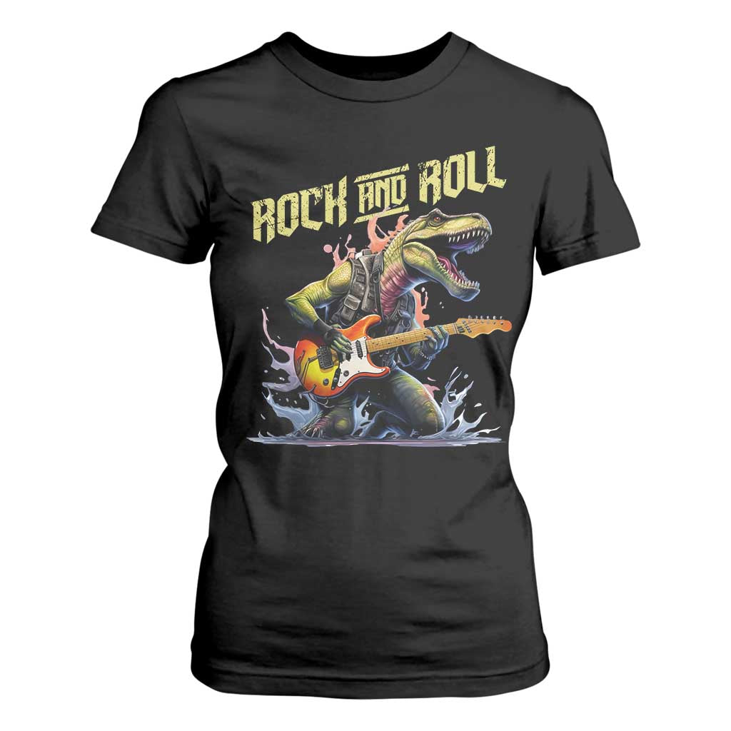 Rock And Roll T Shirt For Women Funny Dionasaur Playing Guitar TS14 Black Print Your Wear