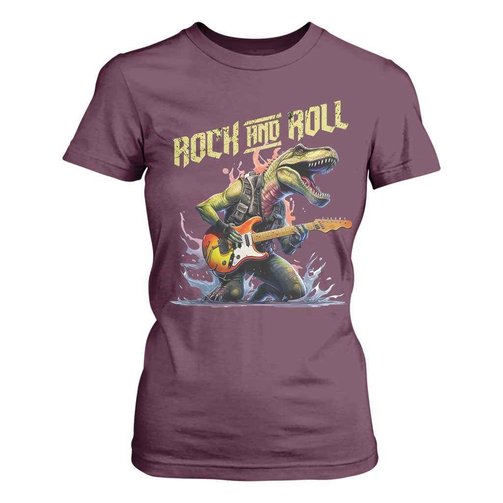 Rock And Roll T Shirt For Women Funny Dionasaur Playing Guitar TS14 Maroon Print Your Wear