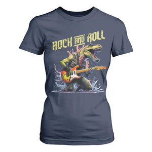 Rock And Roll T Shirt For Women Funny Dionasaur Playing Guitar TS14 Navy Print Your Wear